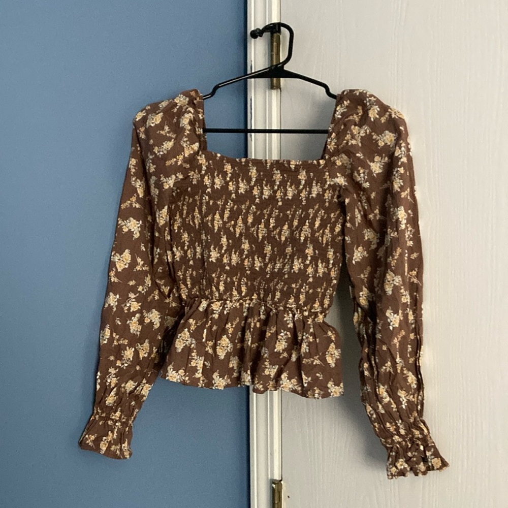 Dizzy Smocked Peplum Blouse in Brown and Tan
